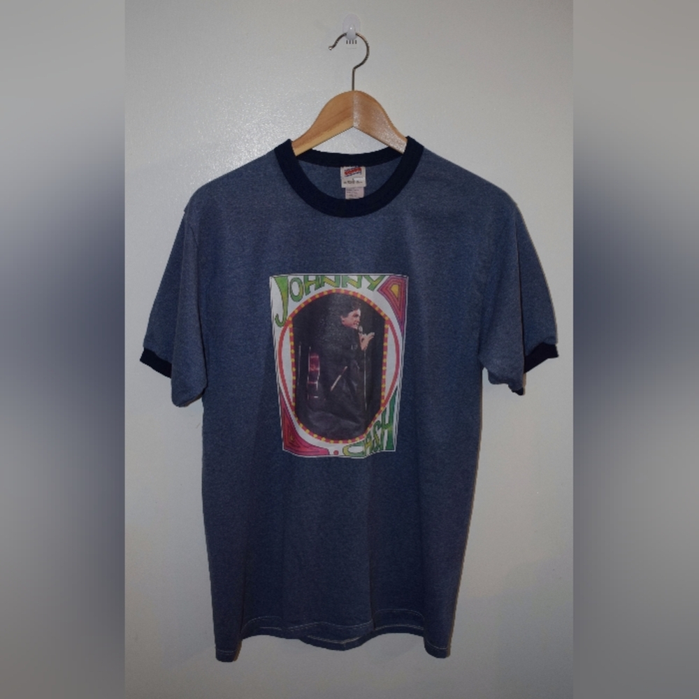 Vintage Johnny Cash Unisex Navy Blue Ringer Tee, Size Large